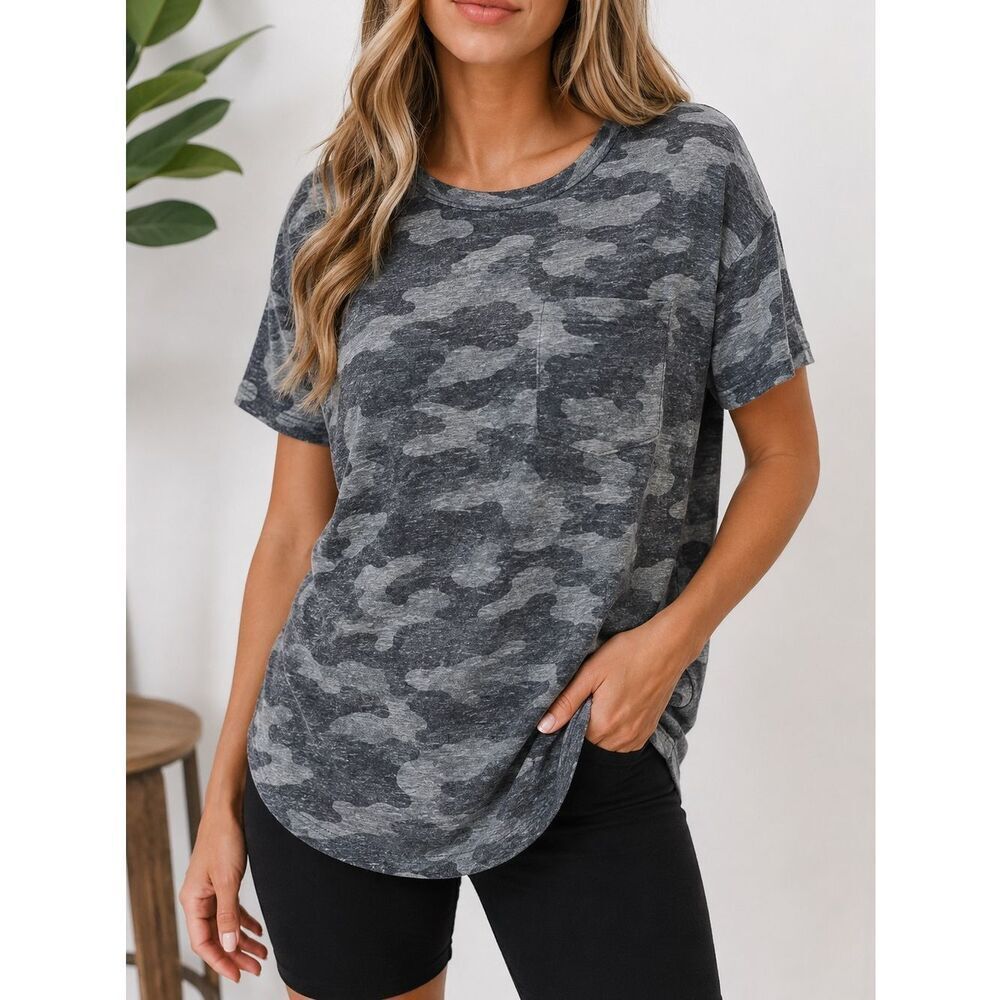 Thread & Supply Gray Camo Pocket Tee Shirt Women’s Medium Soft Lightweight Casua